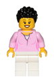 Female minifigure with black hair coiled and short, wearing a bright pink top and white legs - cty1018