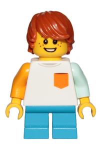Boy Minifigure - Boy with freckles, dark orange hair tousled with side part, wearing a white shirt with orange pocket and dark azure short legs - cty1023