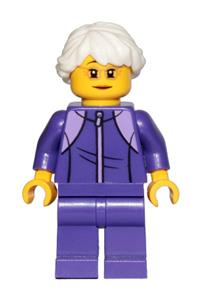 Grandmother Minifigure - Elderly woman in a dark purple tracksuit with white hair and glasses - cty1024
