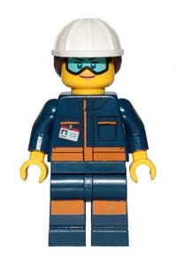 Rocket Engineer - Female, Dark Blue Jumpsuit, White  Construction Helmet with Dark Brown Ponytail Hair, Light Blue Goggles and Face Covered with Dirt cty1038
