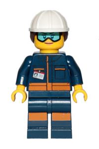 Rocket Engineer Minifigure - Female rocket engineer in a dark blue jumpsuit, wearing a white construction helmet with dark brown ponytail hair, light blue goggles, and a face covered with dirt - cty1038