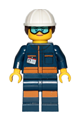 Rocket Engineer - Female, Dark Blue Jumpsuit, White  Construction Helmet with Dark Brown Ponytail Hair, Light Blue Goggles and Face Covered with Dirt - cty1038