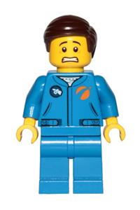 Astronaut Male Minifigure - Male astronaut wearing a blue jumpsuit with short dark brown hair combed sideways, showing a scared and lopsided smile - cty1041