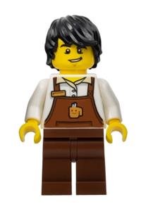 Barista Minifigure - Male barista wearing a reddish brown apron with a cup and name tag design, and black hair - cty1048