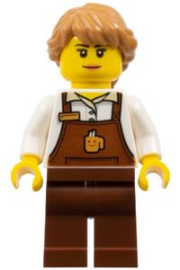 Barista Minifigure - Female barista with medium nougat hair wearing a reddish brown apron with cup and name tag - cty1049