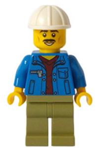 Truck Driver Minifigure - Truck driver with blue jacket over dark red v-neck sweater, olive green legs, and white construction helmet - cty1050