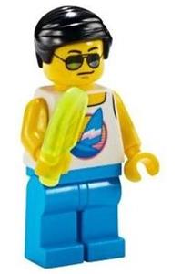 Beach Tourist Minifigure - Male beach tourist with a white tank top featuring a dark azure sailboat, dark azure legs, and black hair - cty1054