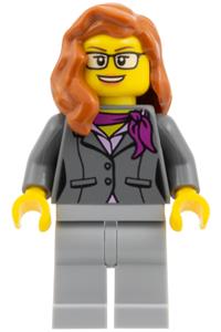 Scientist Minifigure - Female scientist with dark bluish gray jacket with magenta scarf, dark orange hair over shoulder, and glasses - cty1058