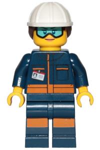 Ground Crew Technician - Female, Dark Blue Jumpsuit, White Construction Helmet with Dark Brown Ponytail Hair, Light Blue Goggles cty1060