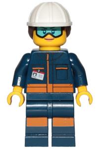 Ground Crew Minifigure - Female ground crew technician in dark blue jumpsuit, white construction helmet with dark brown ponytail hair, light blue goggles - cty1060