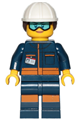 Ground Crew Technician - Female, Dark Blue Jumpsuit, White Construction Helmet with Dark Brown Ponytail Hair, Light Blue Goggles - cty1060