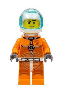 Astronaut Male Minifigure - Male astronaut in an orange spacesuit with dark bluish gray lines, wearing a trans light blue large visor, plus stubble, moustache, and sideburns - cty1061