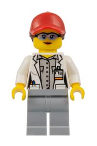 Scientist Minifigure - Female scientist wearing a red cap with ponytail hair, blue goggles, and light bluish gray legs - cty1069