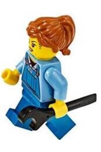 Mechanic Female Minifigure - Female mechanic with a dark orange ponytail wearing medium blue shirt, blue overalls - cty1072