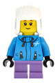 Girl minifigure wearing a dark azure jacket with medium lavender short legs and an ushanka hat - cty1080