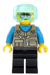 Helicopter Pilot Minifigure - Helicopter pilot with a dark tan vest over a dark azure shirt, wearing a white helmet - cty1082