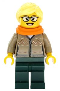 Hot Drinks Stand Clerk Minifigure - Female hot drinks stand clerk wearing a dark tan sweater, scarf, and ponytail - cty1084