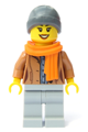 Female customer in a medium nougat jacket with a scarf and ski beanie hat - cty1085