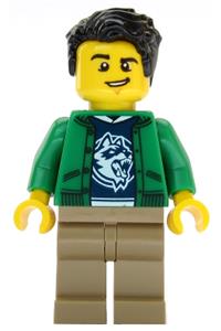 Ski Shop Clerk Minifigure - Male ski shop clerk with black hair wearing a green jacket over a raccoon shirt - cty1086