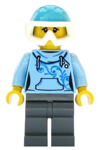 Skier Minifigure - Female skier with a bright light blue hoodie, medium azure ski helmet, and ponytail - cty1088