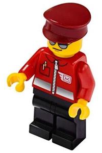 Post Office Worker Minifigure - Minifigure in a post office attire with a red jacket, dark red hat, black legs, and sunglasses - cty1106