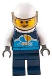 Race Car Driver Minifigure - Male race car driver wearing a dark blue 'Octan E' race jacket and legs, with a white helmet - cty1110