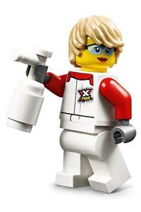 Female Minifigure - Female minifigure in a white and red jumpsuit with 'XTREME' logo, tan tousled hair, sunglasses, closed mouth grin - cty1111