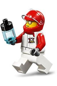 Male XTREME Minifigure - Male minifigure in a white and red jumpsuit with 'XTREME' logo, red helmet, orange life jacket, and sunglasses - cty1112