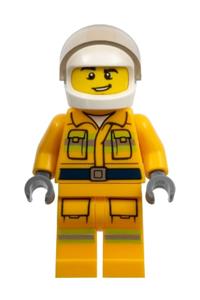Firefighter Minifigure - Firefighter with reflective stripes, wearing a bright light orange suit, white helmet, and sporting a crooked grin - cty1114