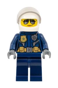 Motorcyclist Minifigure - Female city police motorcyclist wearing silver sunglasses and a trans-clear visor - cty1121