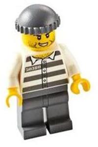 Jail Prisoner Minifigure - Jail prisoner minifigure with stubble, wearing dark bluish gray knit cap and prison stripes outfit with number 50380 - cty1122