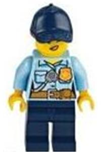 Police - City Officer Female, Bright Light Blue Shirt with Badge and Radio, Dark Blue Legs, Dark Blue Cap with Dark Orange Ponytail, Freckles cty1125