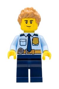 Police Officer Minifigure - City police officer with dark blue tie and gold badge, wearing a city officer shirt, dark tan belt with radio, and dark blue legs, with medium nougat spiked hair - cty1126