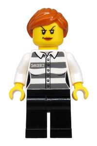 Jail Prisoner Minifigure - Female police minifigure with orange ponytail, wearing prison stripes, black legs, and scowl with peach lips - cty1129