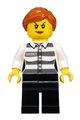 Female police minifigure with orange ponytail, wearing prison stripes, black legs, and scowl with peach lips - cty1129
