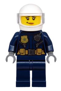 ATV Driver Minifigure - Female ATV police driver in a leather jacket with gold badge, utility belt, white helmet, trans-clear visor, and a peacy lips smirk - cty1132