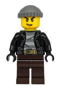 Bandit Crook Minifigure - City bandit crook with a black leather jacket, dark bluish gray knit cap, and dark brown legs - cty1133