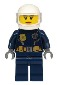 Motorcyclist Minifigure - Female City Motorcyclist police minifigure wears a leather jacket with gold badge, utility belt, white helmet, trans-clear visor, and peach lips - cty1134