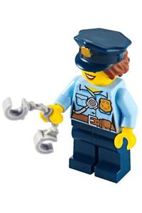 Police Officer Minifigure - Female City Officer in a bright light blue shirt with badge and radio, dark blue legs, and police hat - cty1146