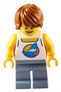 Surfer Male Minifigure - Male surfer with dark orange tousled hair wearing a white tank top with dark azure windsurf and sand blue legs - cty1149