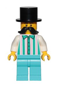 Fairground Employee Minifigure - Male fairground employee with a black top hat and moustache, wearing a white shirt with stripes and medium azure legs - cty1150