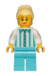 Fairground Employee Minifigure - Female fairground employee with bright light yellow hair in a high bun, wearing a white shirt with stripes and medium azure legs - cty1151