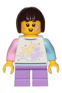 Child Girl Minifigure - A child girl with dark brown, bob cut hair wearing a shirt with a unicorn and medium lavender short legs - cty1153