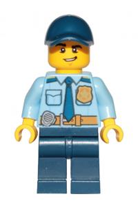 Police Officer Minifigure - City police officer wearing a blue shirt with a gold badge, dark tan belt, blue legs, cap, and has a lopsided grin - cty1155