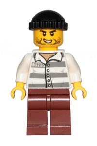 Jail Prisoner Minifigure - Jail prisoner police minifigure wearing prison stripes, black knit cap, reddish brown legs, with beard stubble and lopsided grin - cty1156