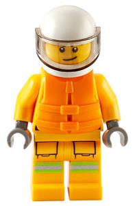 Firefighter Minifigure - Minifigure wearing a bright light orange suit, life jacket, white helmet with reflective stripes - cty1157