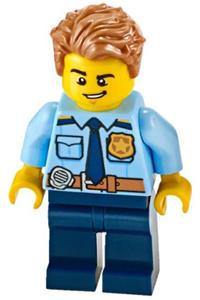 Police Officer Minifigure - City police officer wearing a shirt with dark blue tie and gold badge, dark tan belt with radio, dark blue legs, and medium nougat tousled hair - cty1158