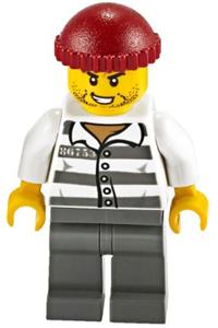 Jail Prisoner Minifigure - Jail prisoner with number 86753, wearing prison stripes and a dark red knit cap with a scar and stubble - cty1159