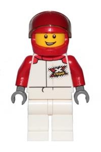 Race Car Driver Minifigure - Male race car driver in a white and red jumpsuit with 'XTREME' logo, white legs, and a red helmet - cty1160