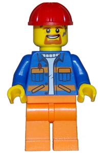 Male in Blue Jacket with Orange Stripes - Minifigure with a blue jacket featuring diagonal lower pockets and orange stripes, orange legs, and a red construction helmet - cty1161